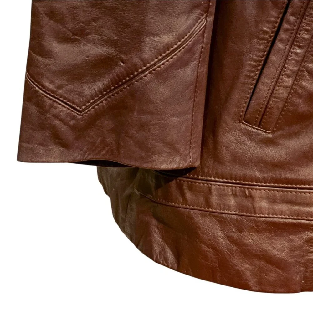 70s Dark Cherry Red Brown Leather‎ Coat Removable Sherpa Liner Sz 50 XL Disco